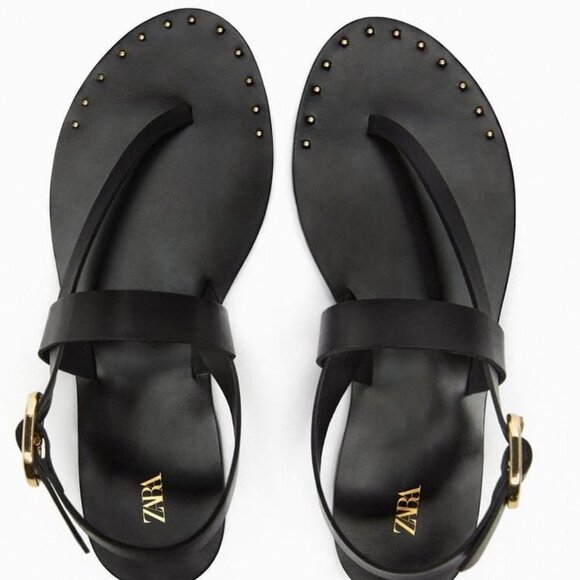 ZARA FLAT LEATHER SLIDER SANDALS WITH MICRO-STUDS BLACK SIZE 6.5 | 2620/110 - Picture 3 of 10